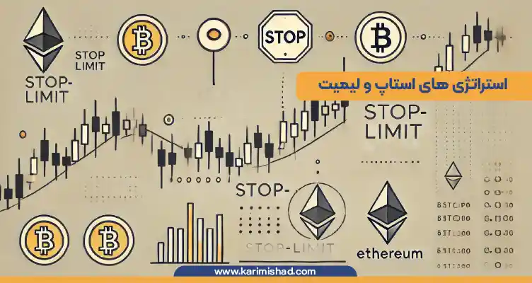 این تصویر مفهوم استراتژی استاپ لیمیت در استراتژی معاملاتی ارز دیجیتال را با نمادهای ساده‌ای از نقاط توقف و قیمت نمایش می‌دهد 